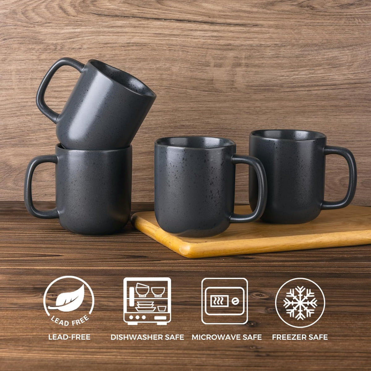 AmorArc 14oz Coffee Mugs Set of 6, Ceramic Coffee Mugs with Large Handle & Wavy Rim for Latte/Hot Cocoa/Tea, Stylish Coffee Cups for Men Women. Oven,Dishwasher&Microwave Safe, Dark Gray