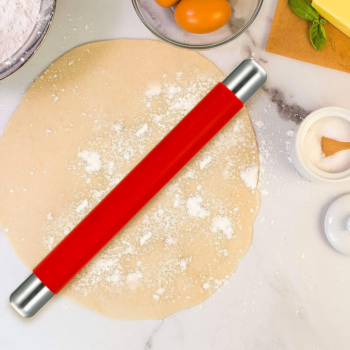 Rolling Pin Dough Roller for Baking with Thickened Non Stick Silicone Metal Handle Rolling Pin Stainless steel Fondant Roller Pin Cookie Pastry Kitchen Accessories 13.8 X 1.5 Inches