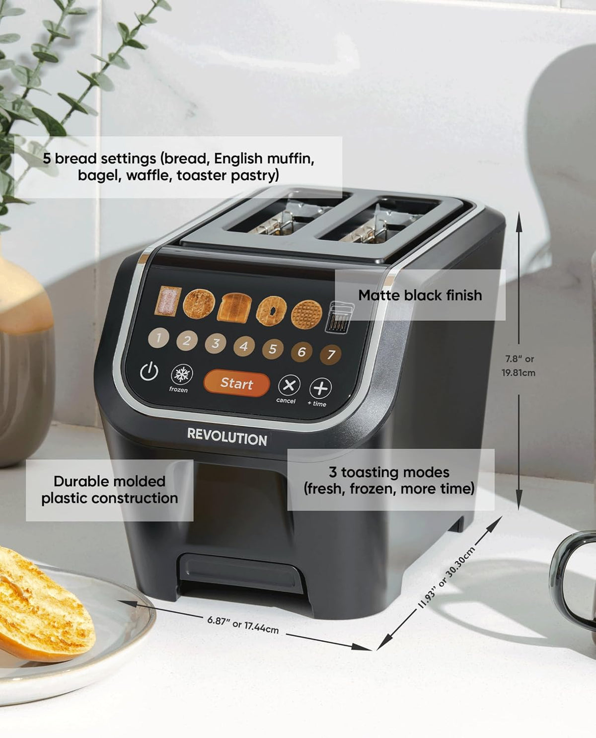 Revolution R90 Digital Toaster – 2-Slice High-Speed Toaster with Patented InstaGLO 2.0 Technology – Toast Bread, Bagels, Waffles, Muffins, Tortillas, Pastries – Matte Black