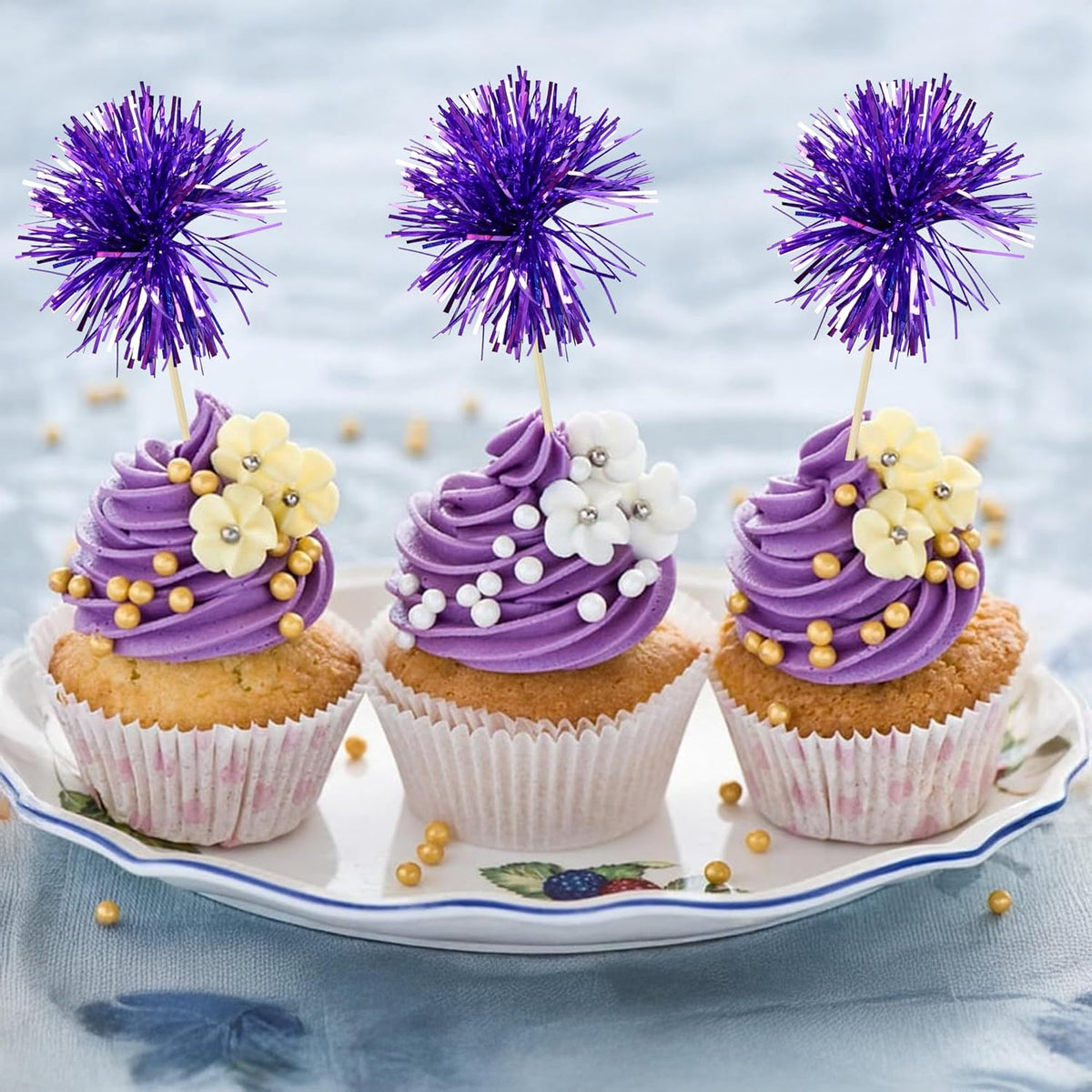 Ephlyn 30Pcs Foil Firework Cupcake Toppers Party Birthday Cake Toppers Supplies Sparkle Tinsel Cocktail Fruit Toothpick for Birthday Wedding Graduation Party Supplies Purple