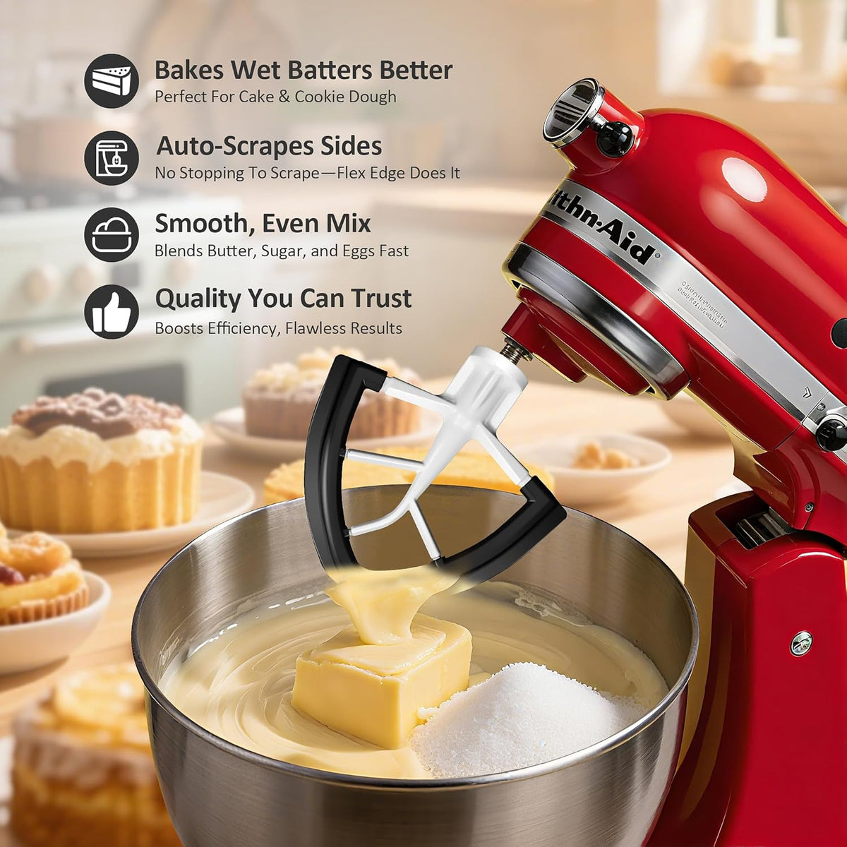 Flex Edge Beater for KitchenAid 4.5/5 Qt Tilt-Head Stand Mixer – Auto-Scrape Silicone Paddle, Dishwasher Safe, Flexible Silicone Edges Bowl Scraper For Kitchen Aid Accessories and Attachments (Black)