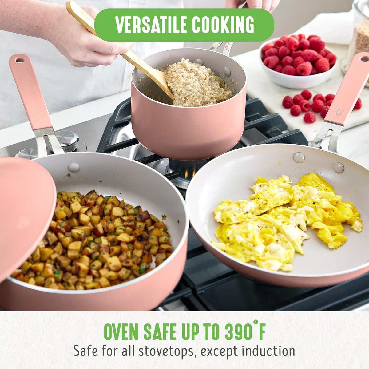 GreenLife 10-Piece Nonstick Ceramic Cookware Set, Lightweight Healthy PFAS-Free Pots & Pans with Lids, Dishwasher & Oven Safe, Durable Body, Silicone Stay-Cool Handles, Easy Release, Pink