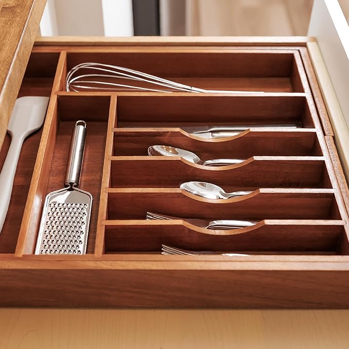 Premium Silverware, Flatware and Utensil Organizer for Kitchen Drawers, Food-Safe Contract Grade, Expandable from 16 to 28 In, Natural Acacia