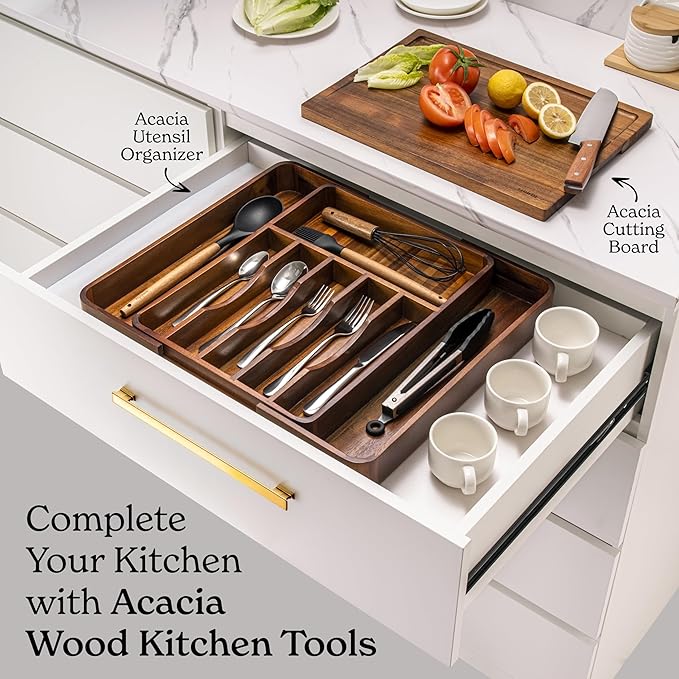 SMIRLY Silverware Drawer Organizer – Bamboo Kitchen Drawer Organizer, Adjustable Utensil Holder and Cutlery Tray, Drawer Dividers for Flatware and Kitchen Utensils