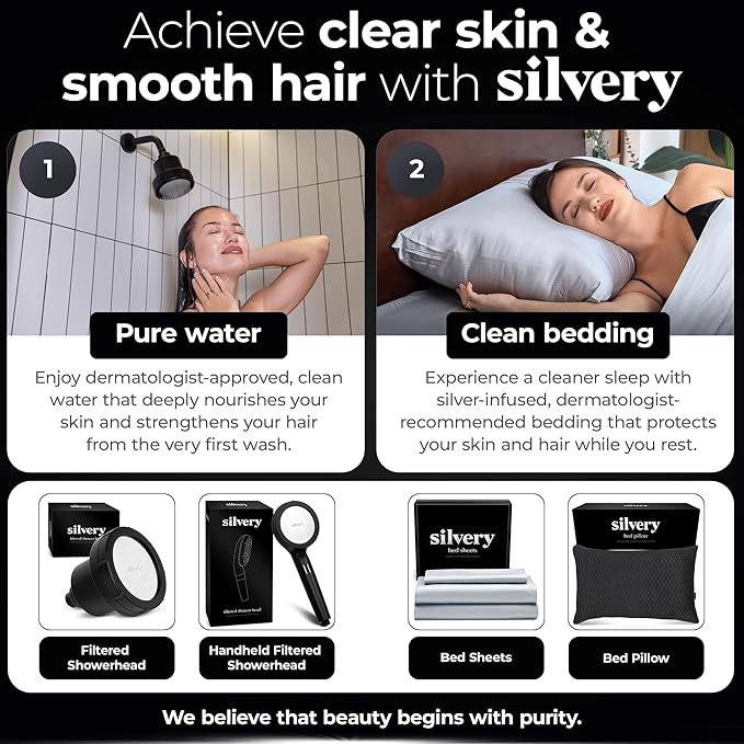 Silvery High Pressure Filtered Shower Head - Dermatologist-Approved Clean Water with Silvery Technology™ Filter - Showerhead Removes Impurities for Healthier Skin (Fixed Replacement Filters)