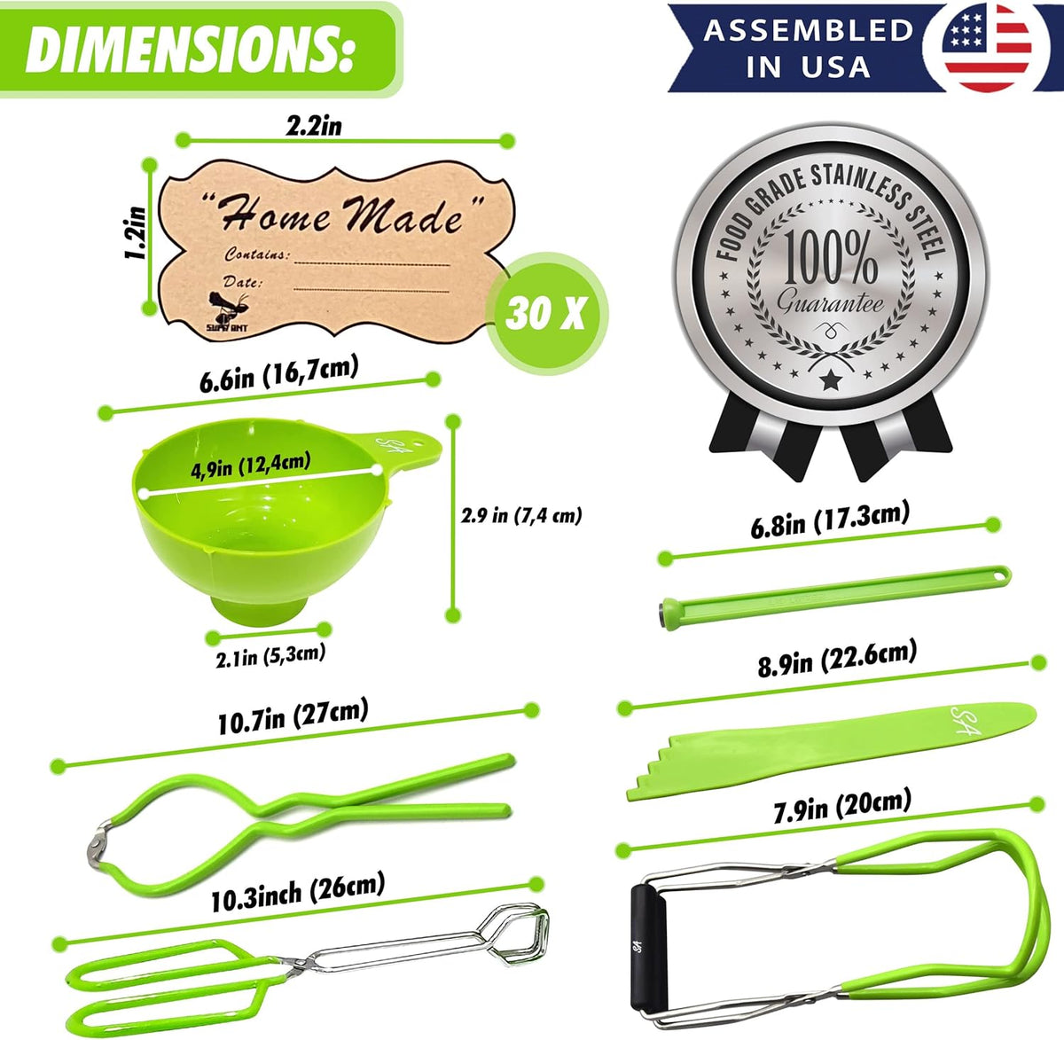 Supa Ant Canning Supplies - USA Assembled & Certified Food Grade Stainless Steel Starter Set Canning Kit for Beginners - Wide Kitchen Funnel, Jar Lifter and Wrench, Bubble Popper/Measurer, Lid Lifter