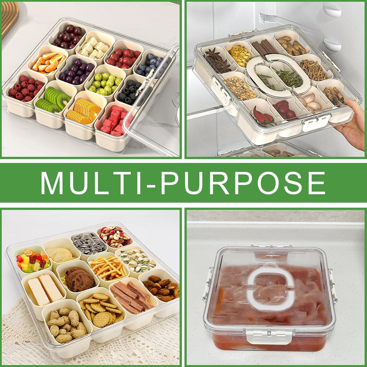 2Pcs Snackle Box Container, Divided Serving Tray with Lid and Handle, Snack Box Container Food Platter Charcuterie for Party, Veggies, Snack, Fruit, Nuts, Entertaining, Picnic, LARGER SIZE