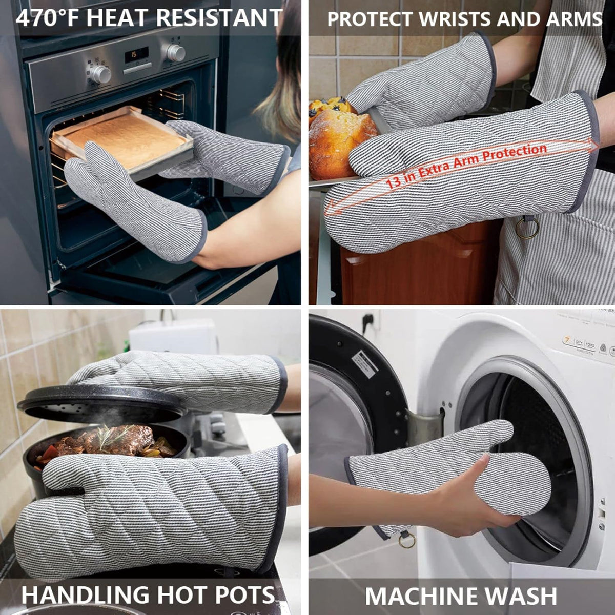 1 Pair Yarn Dyed Oven Mitts 100% Cotton Heat Resistant 470 Degree Gloves Men Women Cooking Baking Barbecue BBQ Microwave Crafting Machine Washable Pot Holders Mittens (Grey)