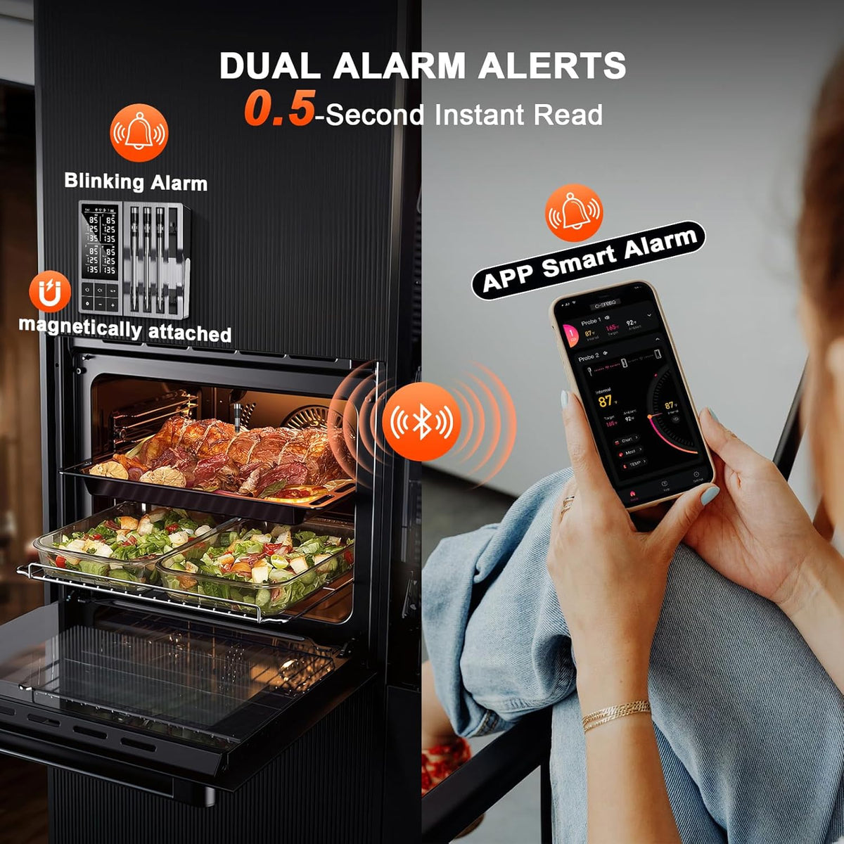 Wireless Meat Thermometer with Smart Timer & APP Alerts, 800ft Bluetooth Grill Food Thermometer, 4 X 0.19In Ultra Thin Probes, ±0.5℉ Accuracy, Big Digital Backlit Screen, for BBQ, Oven, Smoker