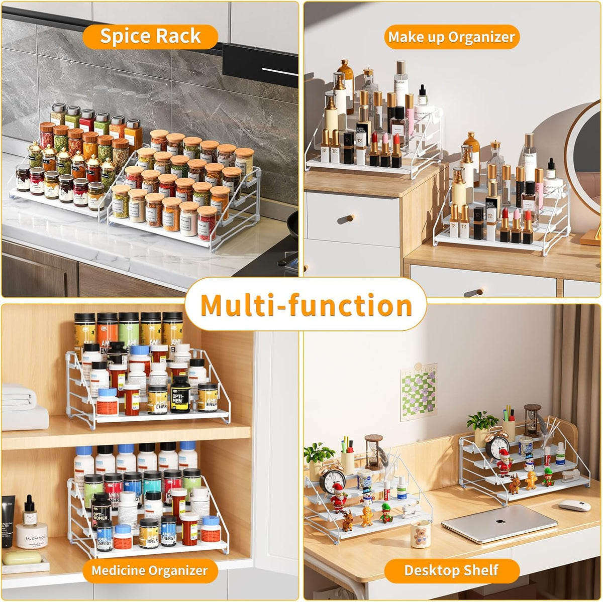 RCHYFEED Spice Rack Organizer for Cabinet,4 Tier Spice Organization for Cabinet Easy Visibility,Tierd Spice Rack Seasoning Organizer for Kitchen Countertop Pantry,Metal(White, 2Pack)