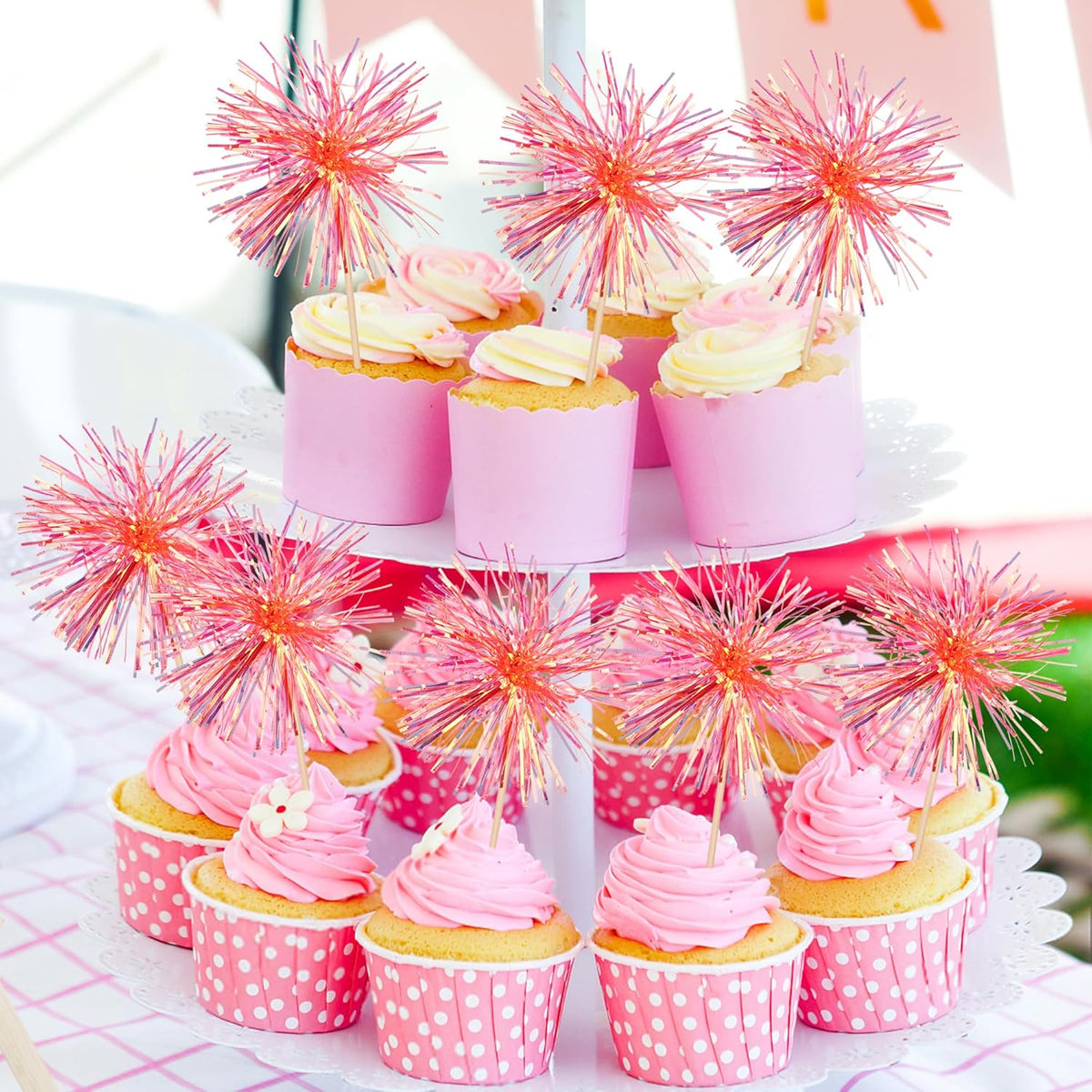 30 PCS Foil Firework Cupcake Toppers Happy Birthday Cupcake Toppers Sparkle Tinsel Flower Drink Stirrers Cocktail Fruit Toothpicks for Valentine's Day Baby Shower Party Cake Decor Supplies Orange