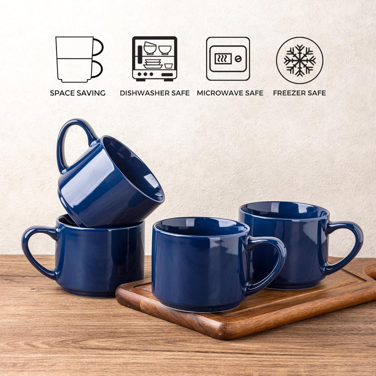 GBHOME 14 OZ Coffee Mugs Set of 6, Stackable Ceramic Mugs for Men, Women, Modern Coffee Cups for Latte,Cappuccino,Hot Cocoa. Dishwasher & Microwave Safe, Navy Blue