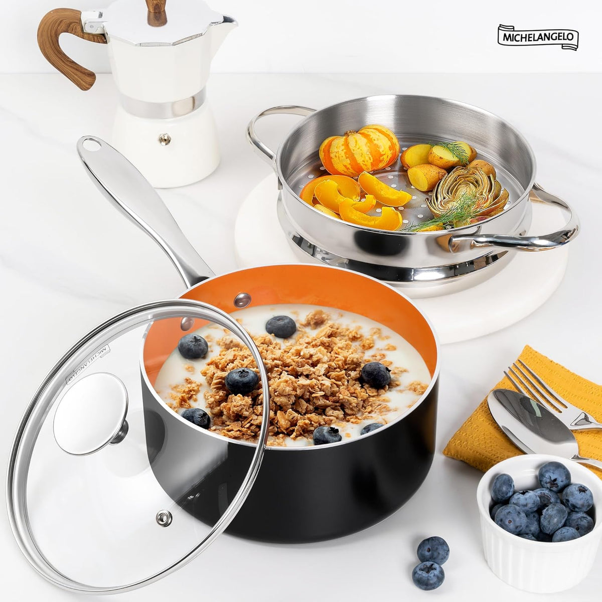 MICHELANGELO 2 Quart Saucepan with Steamer & Glass Lid - Nonstick Sauce Pan with Lid | Ceramic Steamer Pot, Induction Compatible, Oven Safe