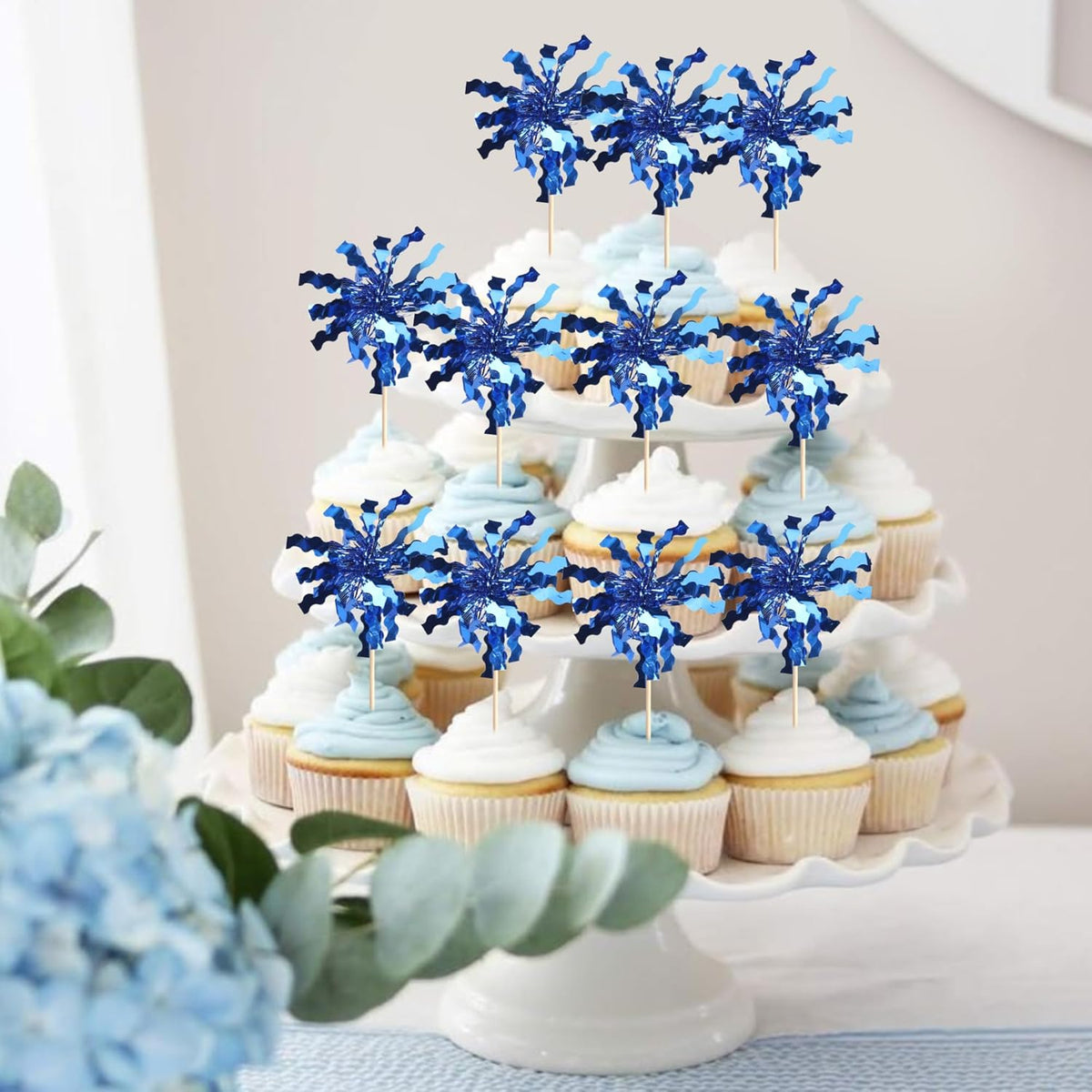 30 PCS Foil Firework Cupcake Toppers Sparkle Tinsel Cupcake Picks Happy Birthday Cake Toppers Drink Stirrers Cocktail Fruit Toothpicks for Baby Shower Birthday Party Decorations Supplies Dark Blue