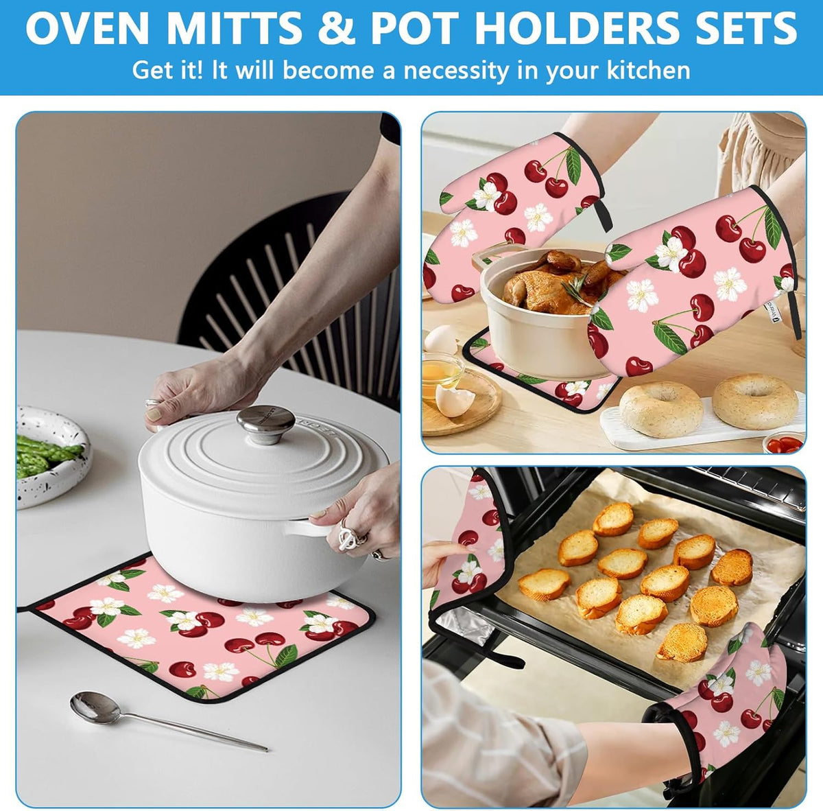 Cherry Oven Mitts and Pot Holders Sets Heat Resistant 4Pcs White Flower Potholders Oven Gloves Hot Pads for Kitchen Baking Cooking Grilling BBQ