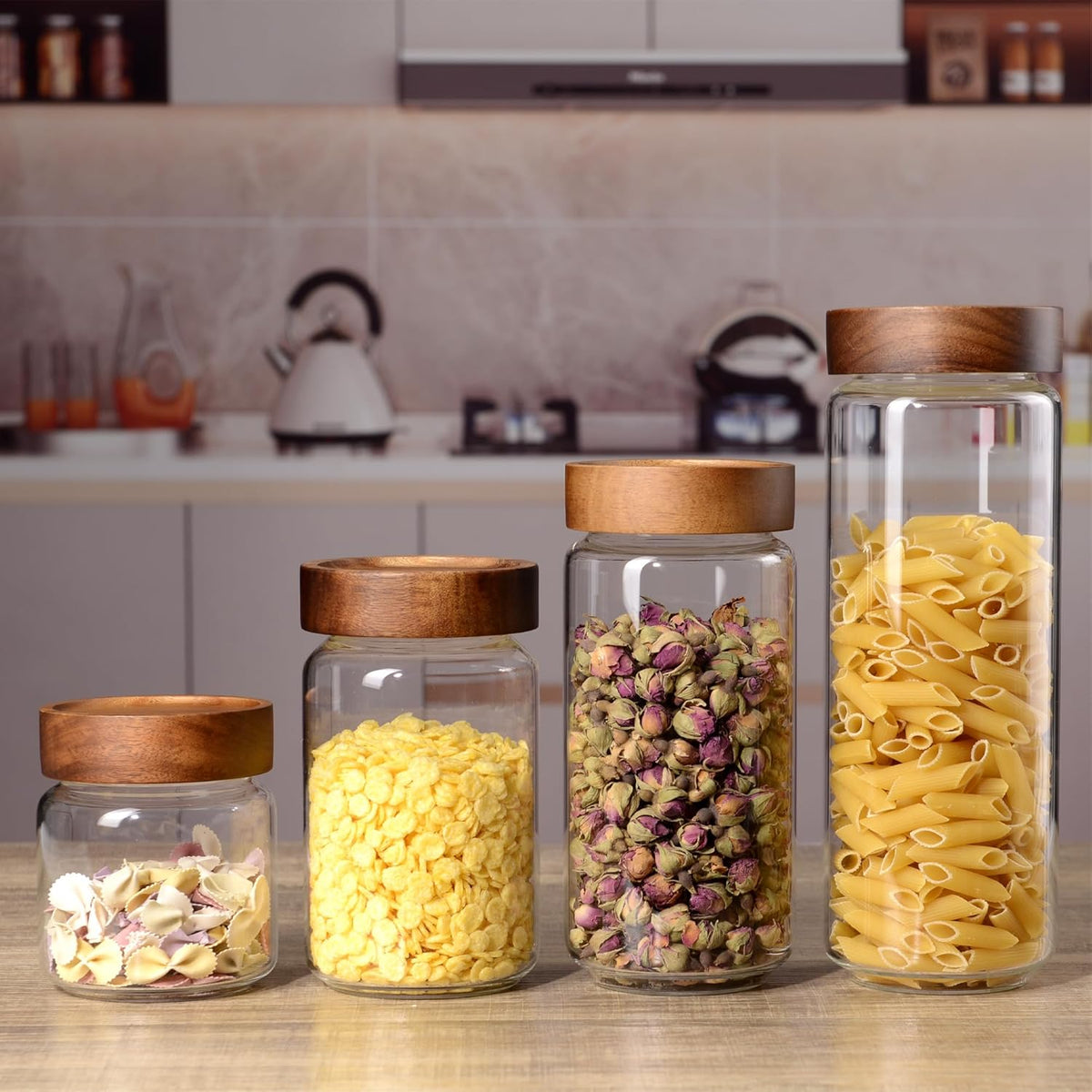 30 oz/900 ml Glass Jar with Airtight Wooden Screw Top Lid, Clear Stackable Food Storage Canister, Large Tall Decorative Glass Container for Coffee, Candy, Cookie, Sugar, Oatmeal, Salt, Pasta