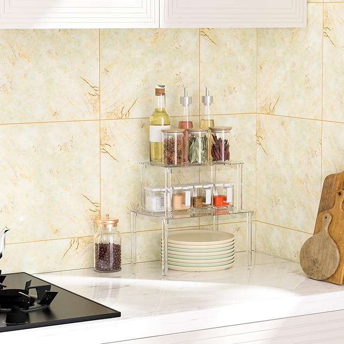Acrylic Cabinet Organizer Shelf Set of 2, Clear Kitchen Counter Shelves Spice Rack, Pantry Kitchen Storage, Stackable, Expandable, Moisture Resistant
