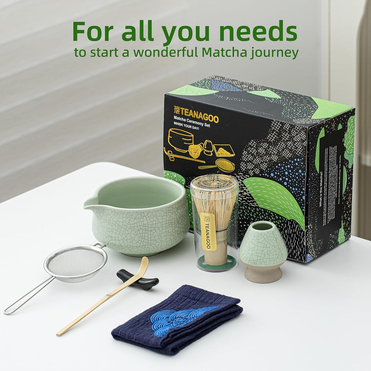 TEANAGOO Matcha Whisk Set Green,7 Pcs Matcha Set,Matcha Starter Kit for Ceremony,Matcha Tea Set for Making Breakfast/Latte,Green Matcha Bowl(Chawan) whith Spout and Whisk,Gift for Friend/Family