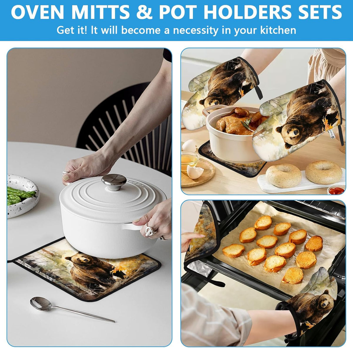 Watercolor Brown Bear Oven Mitts and Pot Holders Sets Heat Resistant 4Pcs Autumn Forest Animal Potholders Oven Gloves Hot Pads for Kitchen Baking Cooking Grilling BBQ