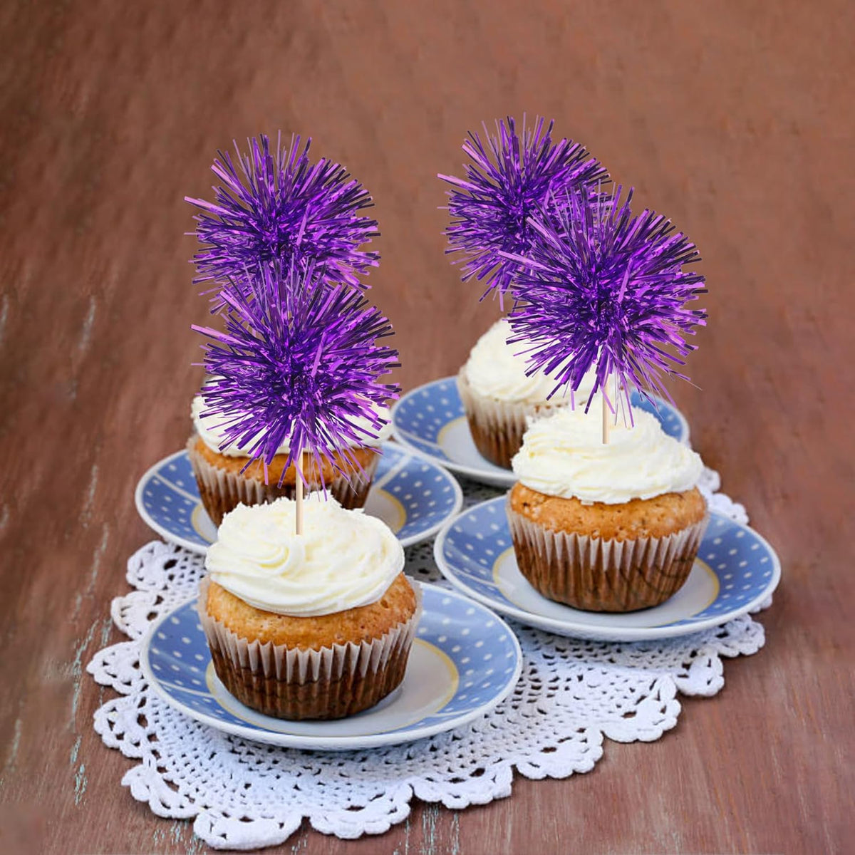 40 PCS Foil Firework Cupcake Toppers Fireworks Cupcake Picks Sparkle Tinsel Cake Decorations Cocktail Fruit Toothpick for Firework Theme Birthday Wedding Graduation Party Decorations Supplies Purple