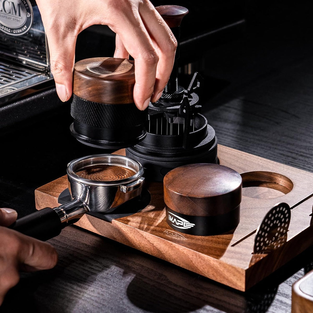 IKAPE 58MM Espresso Tamper, New Wooden Handle Design,Premium Barista Coffee Calibrated Tamper with Spring Loaded, 100% Stainless Steel Tamper Compatible with All 58MM Bottomless Portafilter