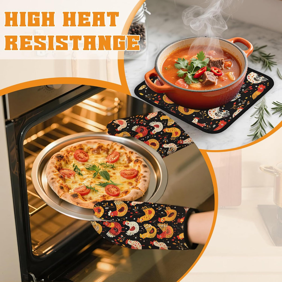 Colorful Rooster Oven Mitts and Pot Holders,Cute Chicken Heat Resistant Oven Mitts Gloves and Pot Holder for Home Kitchen Decorations Cooking Baking BBQ Gifts,Set of 4