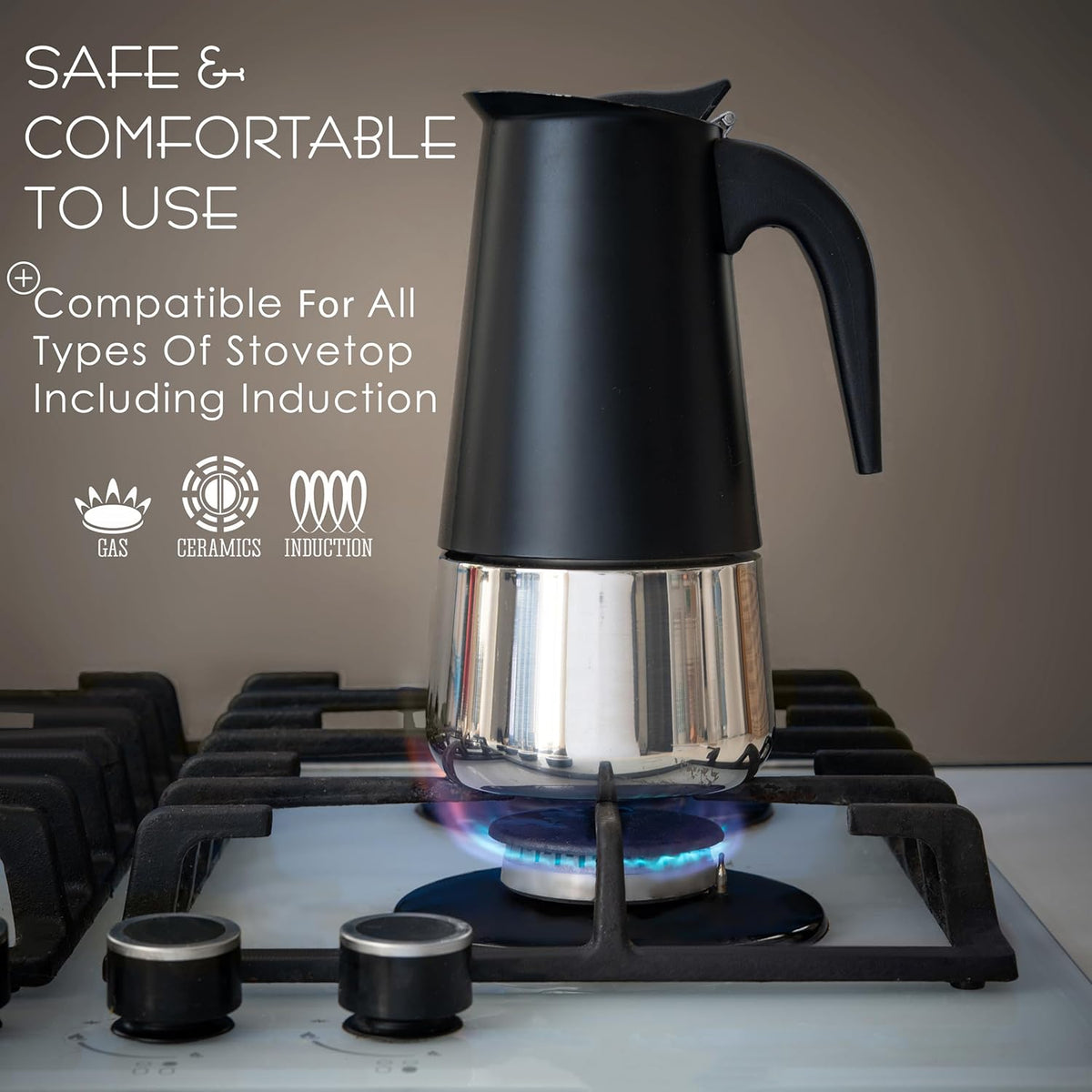 Mixpresso Black 6 Cup Greca Stovetop Espresso Pot 300ml/10oz, Moka Pot with Coffee Percolator Design, Stainless Steel Stove Top Coffee Maker for Camping or Home Use,Italian Stovetop Espresso Maker