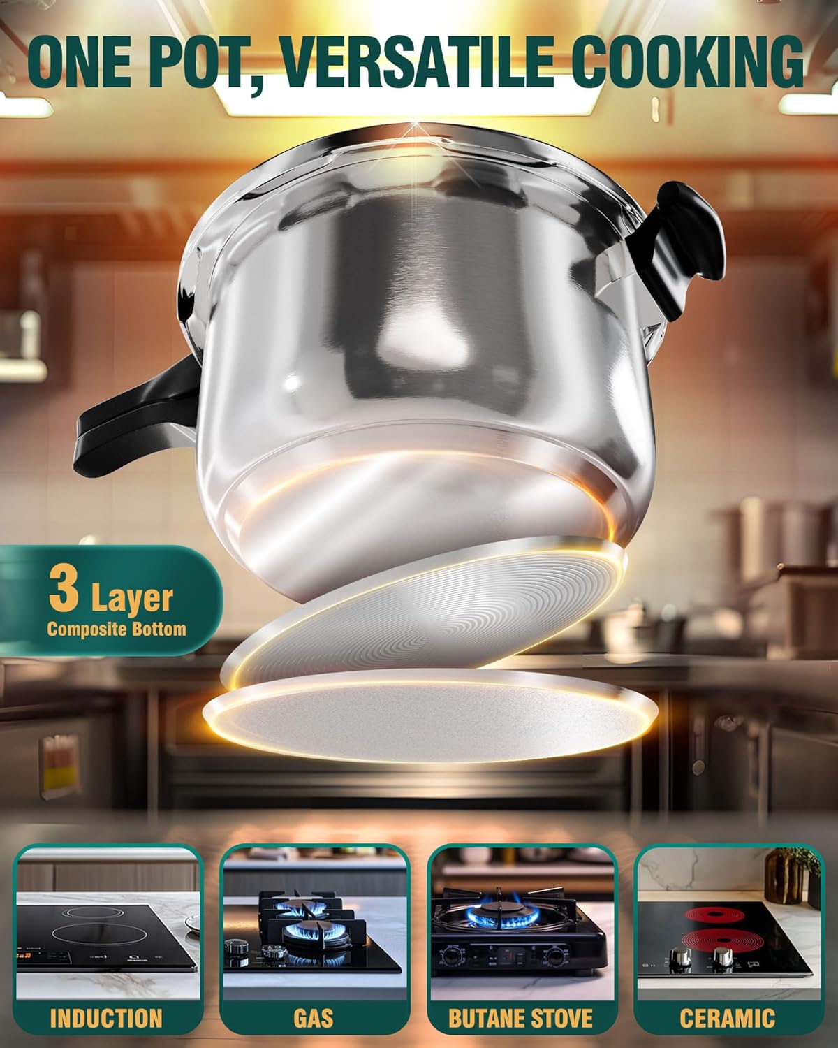 WantJoin Stainless Steel Pressure Cooker(Non-Aluminum),11 Quart Induction Compatible Pressure Cooker with Spring Valve Safeguard Devices,Compatible with Gas & Induction Cooker