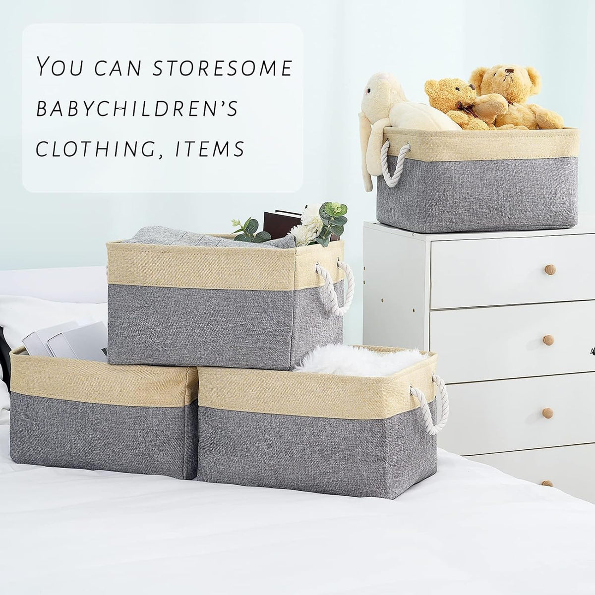 Organization and Storage Basket for Organizing - Large 4 Pack 16x12x8 inch Collapsible Baskets for Shelves Fabric Storage Cube, Storage Bins for Laundry Cloth Books Gift (Gold & Grey)