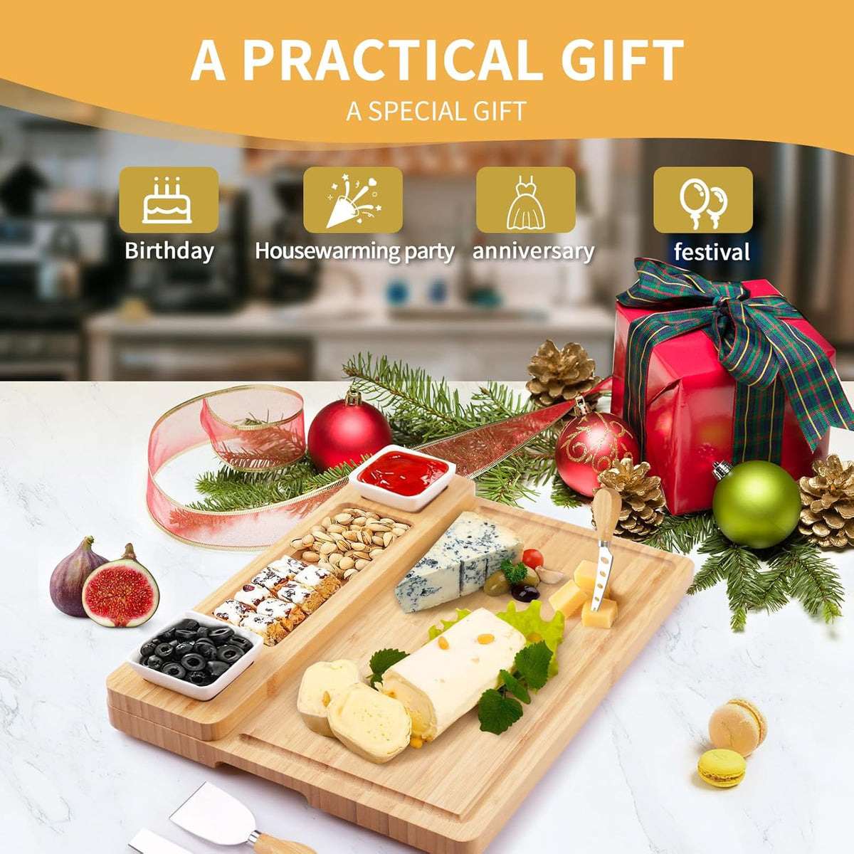 Charcuterie Boards Accessories, Charcuterie Boards with Knife Set, Cheese Board Serving Tray, Gifts for Women, Housewarming Gifts for New Home, Wedding Gift for Couples 2025 (with 2 Bowl)