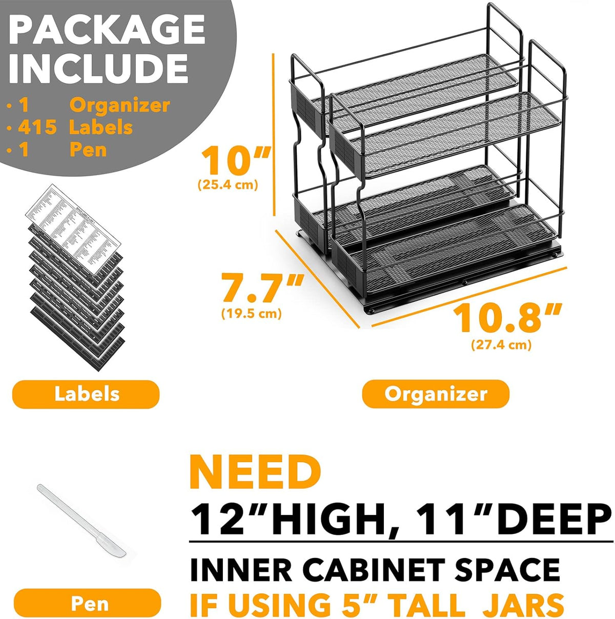 SpaceAid Pull Out Spice Rack Organizer for Cabinet, Heavy Duty Slide Out Seasoning Kitchen Organizer, Cabinet Organizer, with Labels, 7.7" W x10.75 D x10 H, 2 Drawers 2-Tier