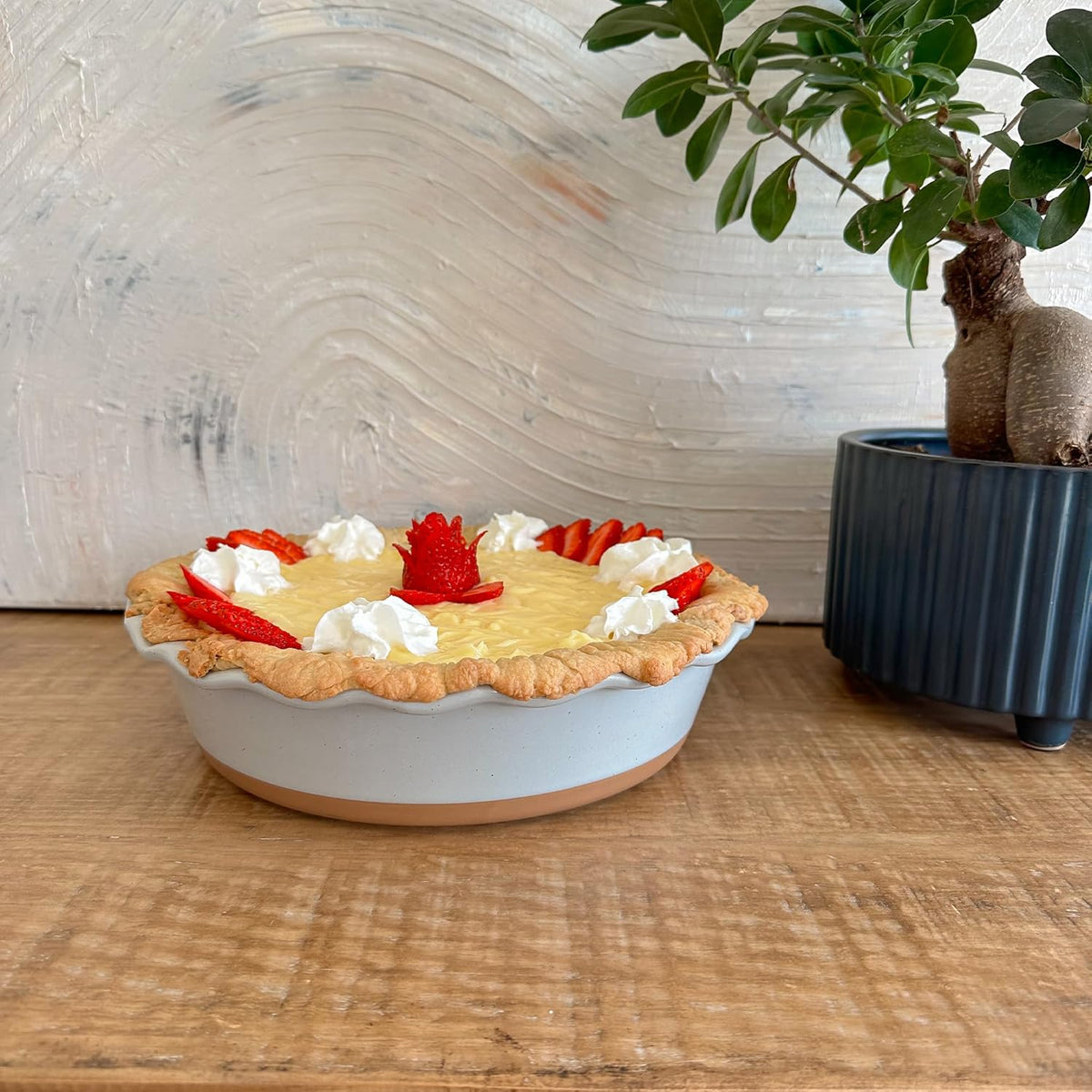 Mora Deep Fluted Ceramic Pie Dish for Apple Pie, Quiche, Tart - 9 inch - Modern Farmhouse Style Porcelain - Earl Grey