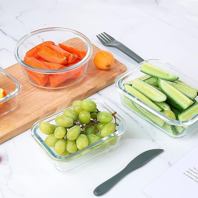 KOMUEE 24 Pieces Glass Food Storage Containers Set,Meal Prep Containers-Stackable Airtight Glass Storage Containers with lids,Freezer, Microwave, Oven Safe,Gray