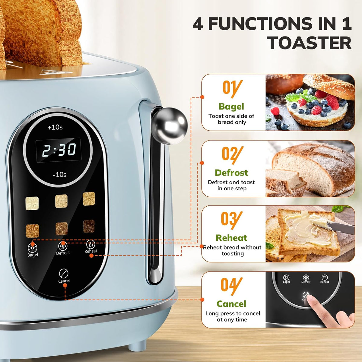 Keenstone Smart Touch Screen Toaster 2 Slice, Retro Wide Slot Stainless Steel Toaster with 6 Browning Levels, Reheat & Defrost, for Bagel, Toast, Bread, Removable Crumb Tray, Blue