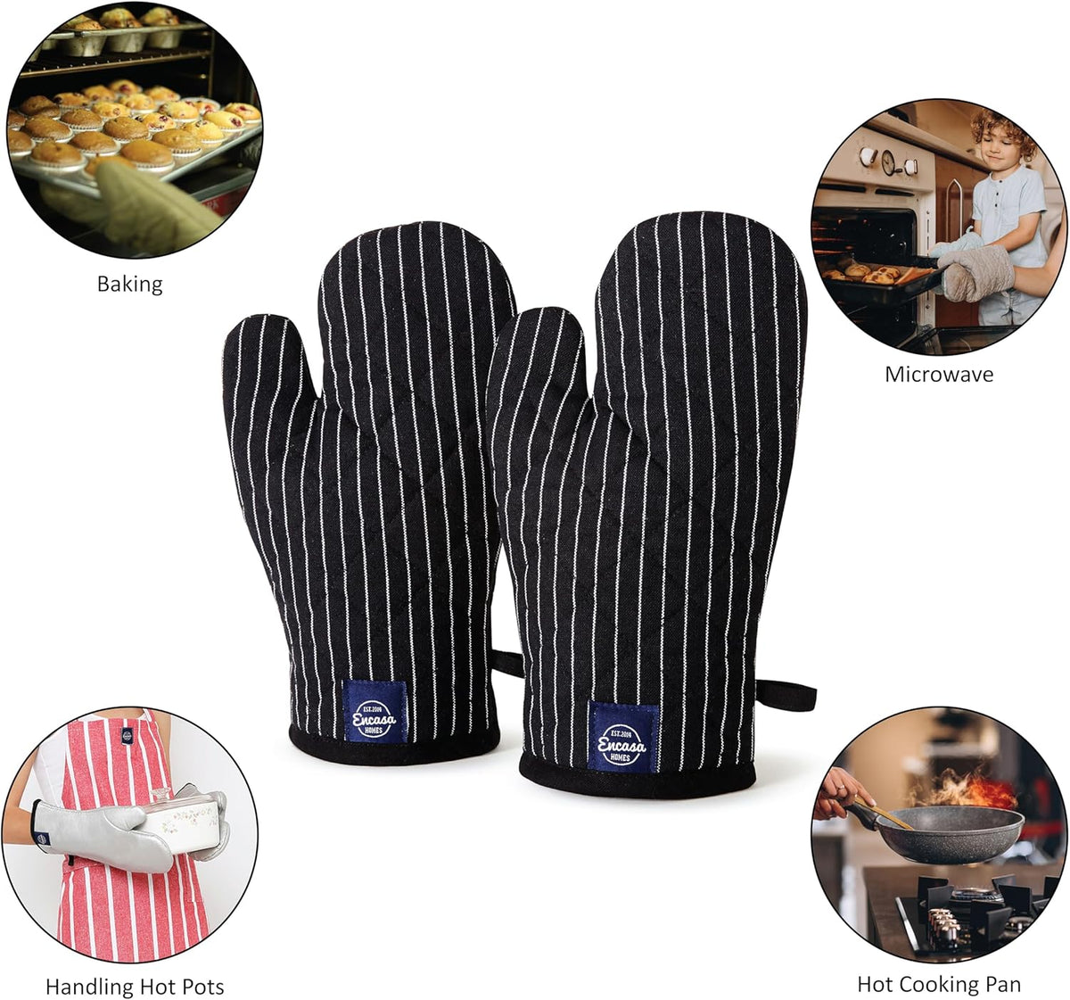 Encasa Homes Long 12" Oven Microwave Hand Gloves Mitts (2 pc Set) for Kitchen Cooking & Baking - Heat Resistant, Thick & Safe, Protection of Hands from Hot Utensils - Butcher Stripes Black