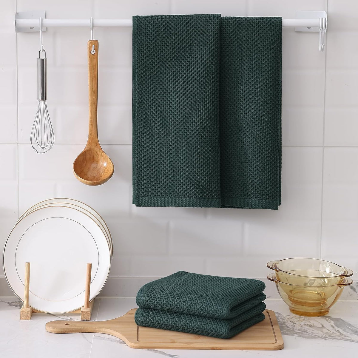 Kitinjoy 100% Cotton Waffle Weave Kitchen Towels, 6-Pack Super Soft and Absorbent Dish Towels for Drying Dishes, Kitchen Hand Towels, 13 in x 28 in, Blackish Green