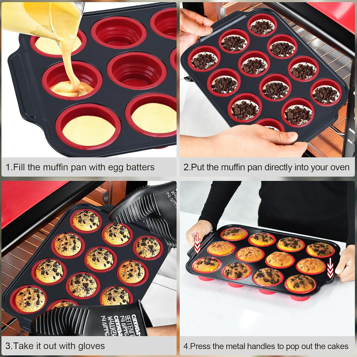Silicone Muffin Pan, 12 Cups Cupcake Pans with Metal Frame Nonstick Muffin Tins Easy to Pop Out for Baking Cupcake Egg Bites BPA-free Cupcake Pan Mold (12 Cups-Red)