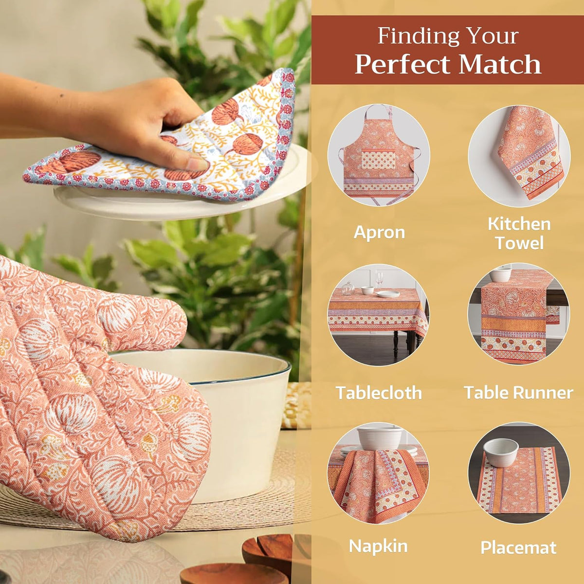 Maison d' Hermine 100% Cotton Oven Mitt & Pot Holder Set (7.5"x13" & 8"x8") Heat Resistant BBQ Cooking Gloves with Loop, Baking, Grilling, Kitchen, Handling Hot Pans (Harvest Festival)