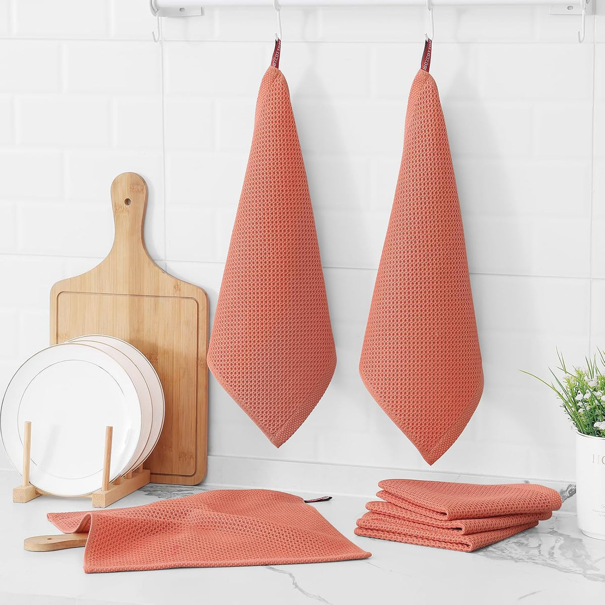 Kitinjoy 100% Cotton Kitchen Dish Cloths, 12 Pack Waffle Weave Ultra Soft Absorbent Dish Towels for Drying Dishes Quick Drying Kitchen Towels Dish Rags, 12 X 12 Inches, Coral