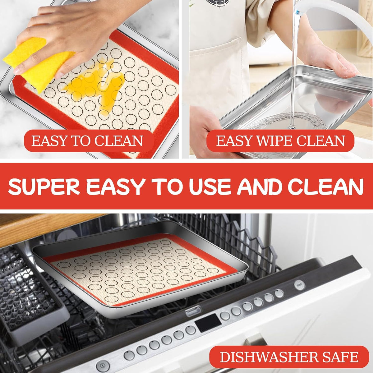 Baking Sheet with Silicone Baking Mat Set,CEKEE Stainless Steel Baking Sheet Pan Tray, Cookie Sheets for Baking, 6PCS Baking Supplies Bakeware Sets for Oven Making Cookies, Macaroons, Bread