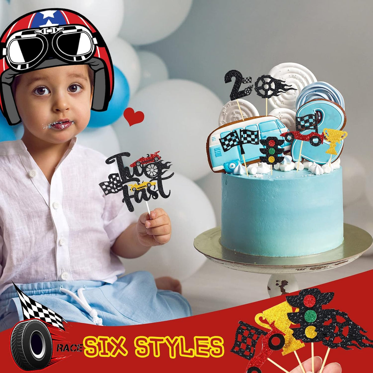 Gersoniel 49 Pack Two Fast Cake Toppers Cake Decoration Double Sided Trophy Flag Race Car Birthday Party Supplies