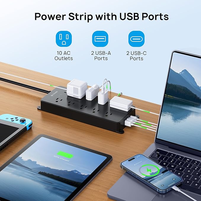 TROND Power Strip Surge Protector, Flat Plug 15ft Long Extension Cord, 10 Widely Spaced AC Outlets, 2 USB A & 2 USB C Ports, 4000J, ETL Listed, Wall Mountable, for Home Office Entertainment, Black