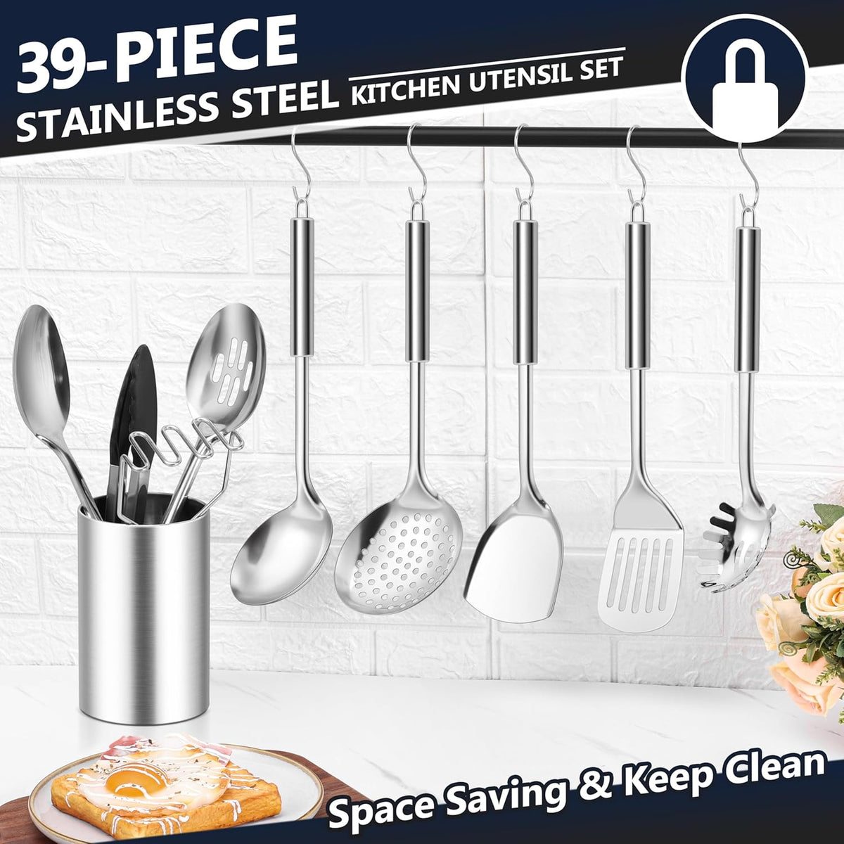 E-far Stainless Steel Kitchen Utensils Set, 39-Piece Cooking Utensils Set with Holder, Non-toxic Metal Heat Resistant Kitchen Gadgets Cookware Tool Spatula Set for Cooking, Dishwasher Safe