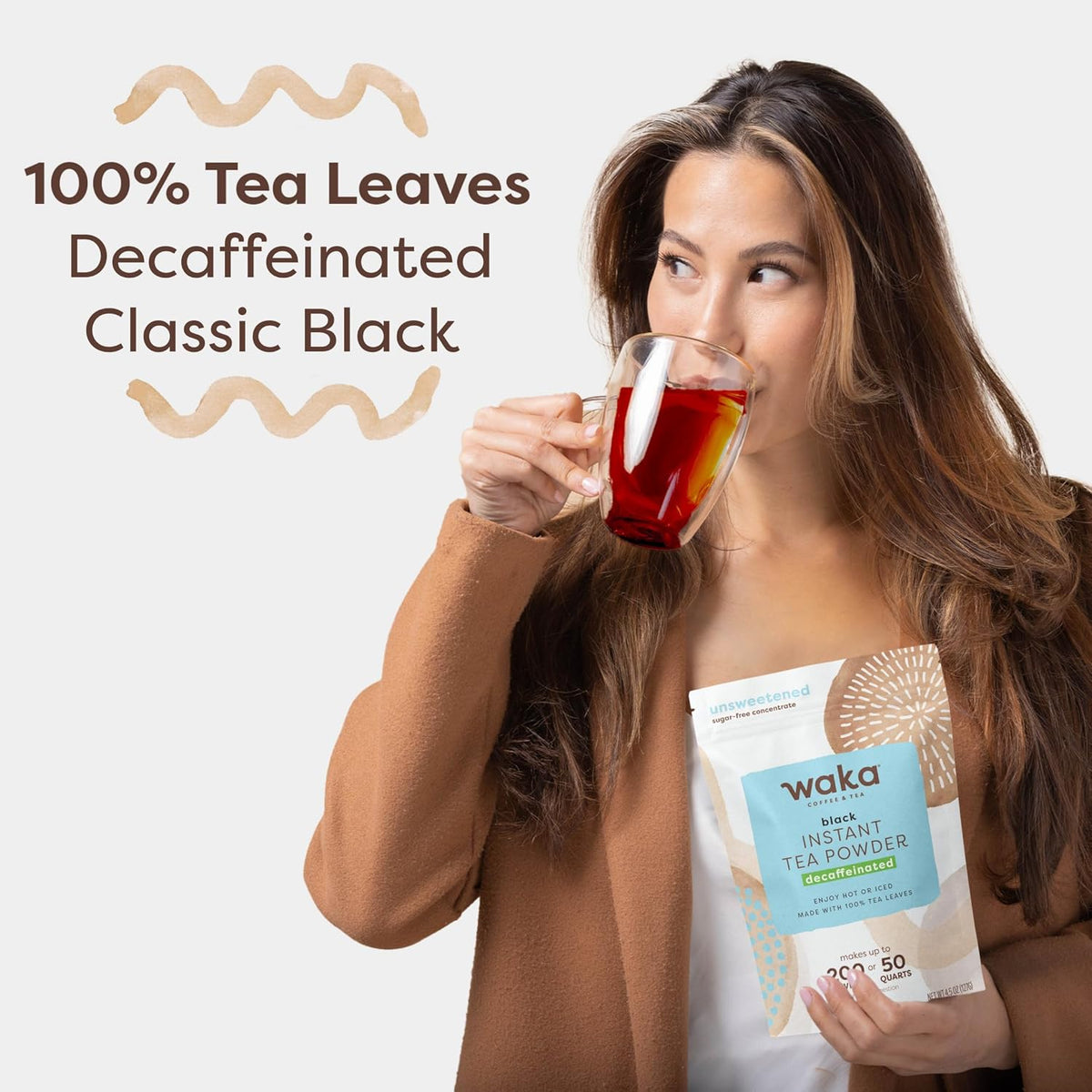 Waka Instant Black Tea Mix Pouch, Decaffeinated - 100% Tea Leaves, No Additives, Unsweetened Tea Powder for 50 Quarts or 200 Cups โ Easy Quick Hot and Iced Teas (4.5oz)