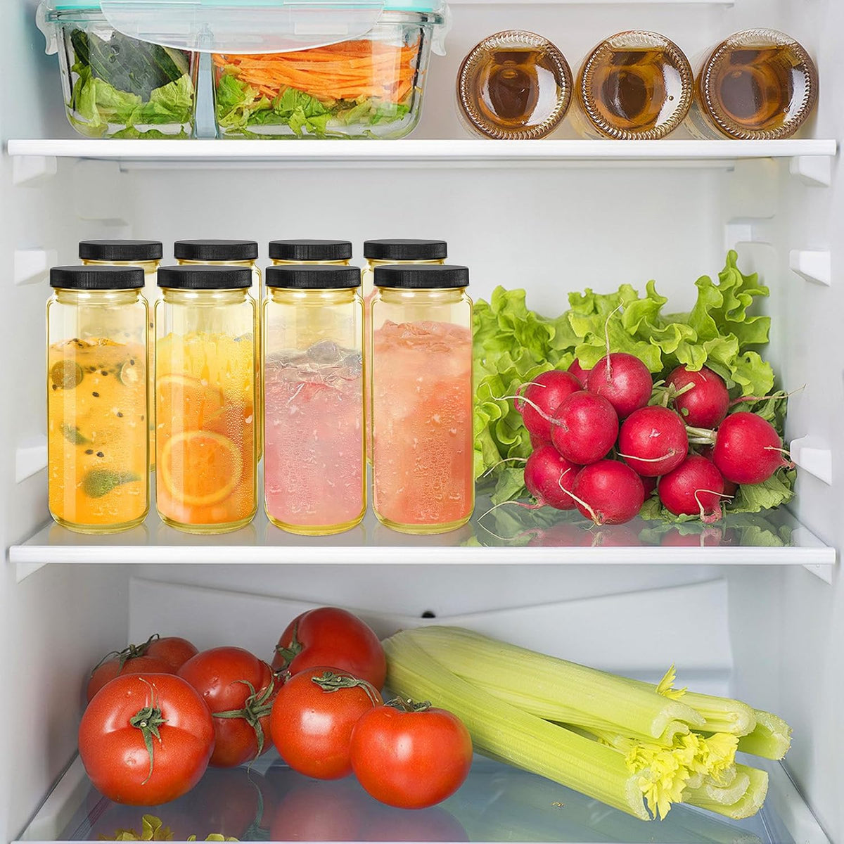 Ruckae Gold 16oz 10 Pack Juice Bottles, Glass Bottles Juicing with Lids, Smoothie Cup Lids and Straws, Water Bottle Mason Jar Drinking Glasses for Juicing, Smoothies, Kombucha