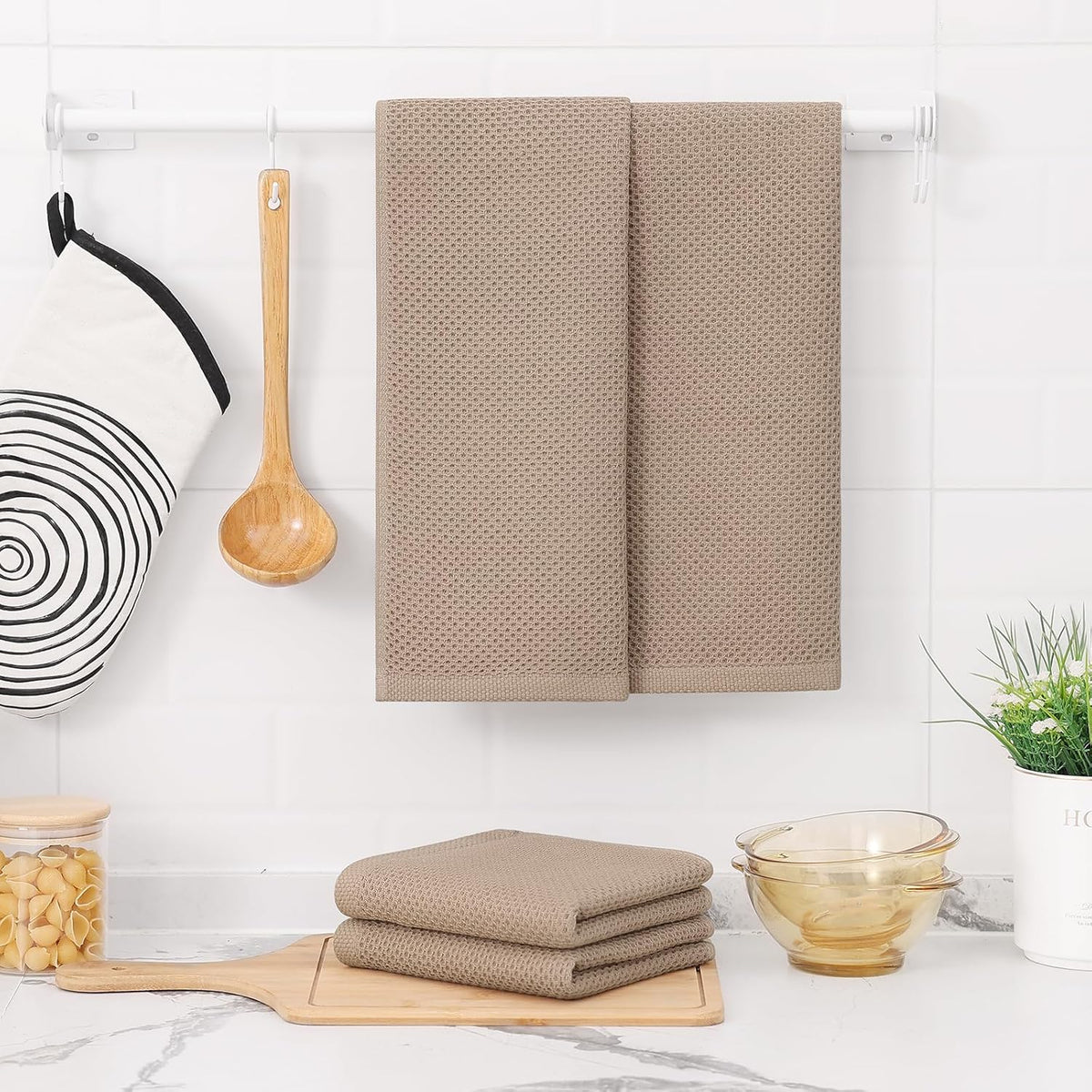 Kitinjoy 100% Cotton Waffle Weave Kitchen Towels, 4-Pack Super Soft and Absorbent Dish Towels for Drying Dishes, Kitchen Hand Towels, 13 in x 28 in, Tan