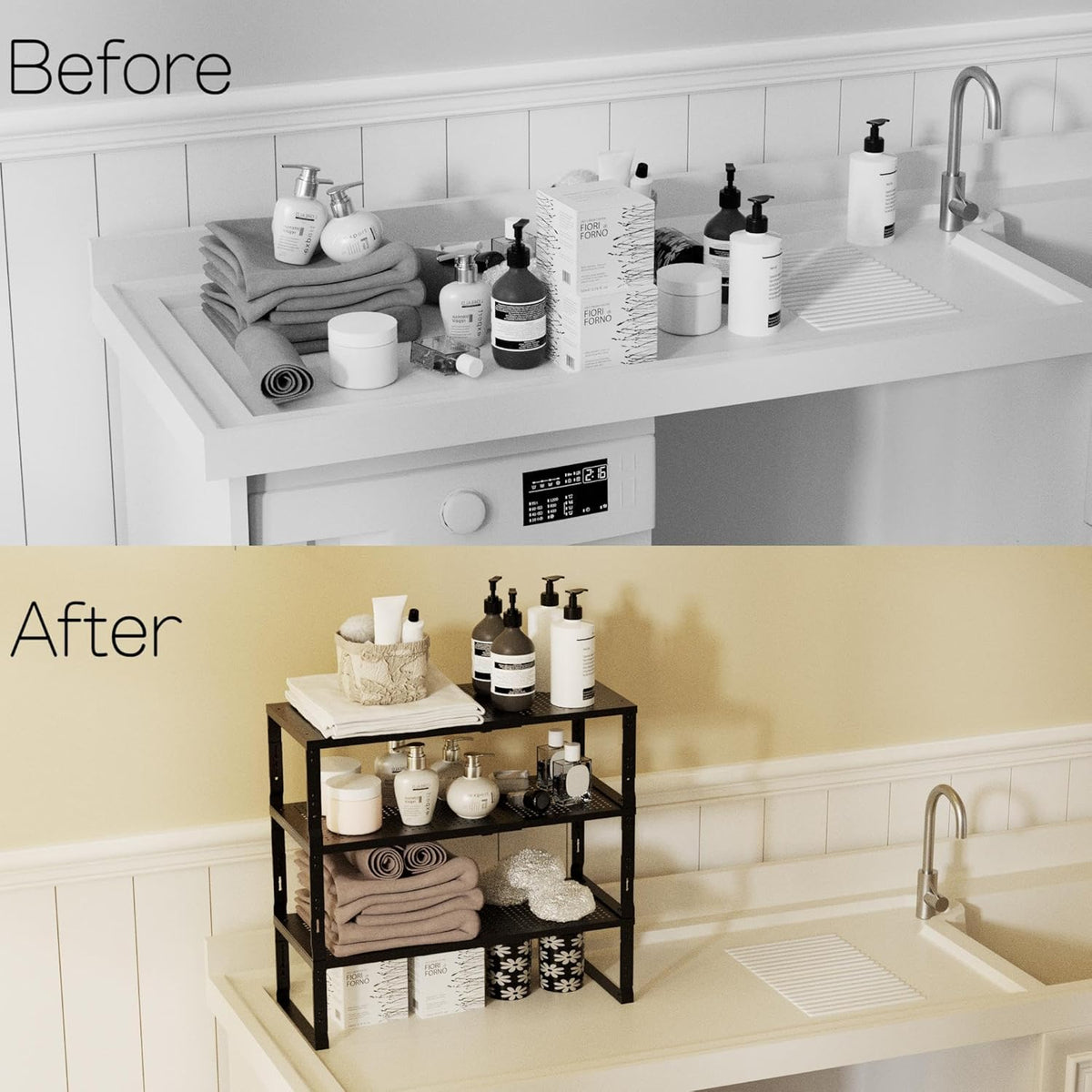 Heavy-Duty Adjustable Metal Shelf Organizer - Expandable & Stackable Pantry Storage Rack for Kitchen, Bathroom, RV, Cabinets(2 Packs/Black, Medium)