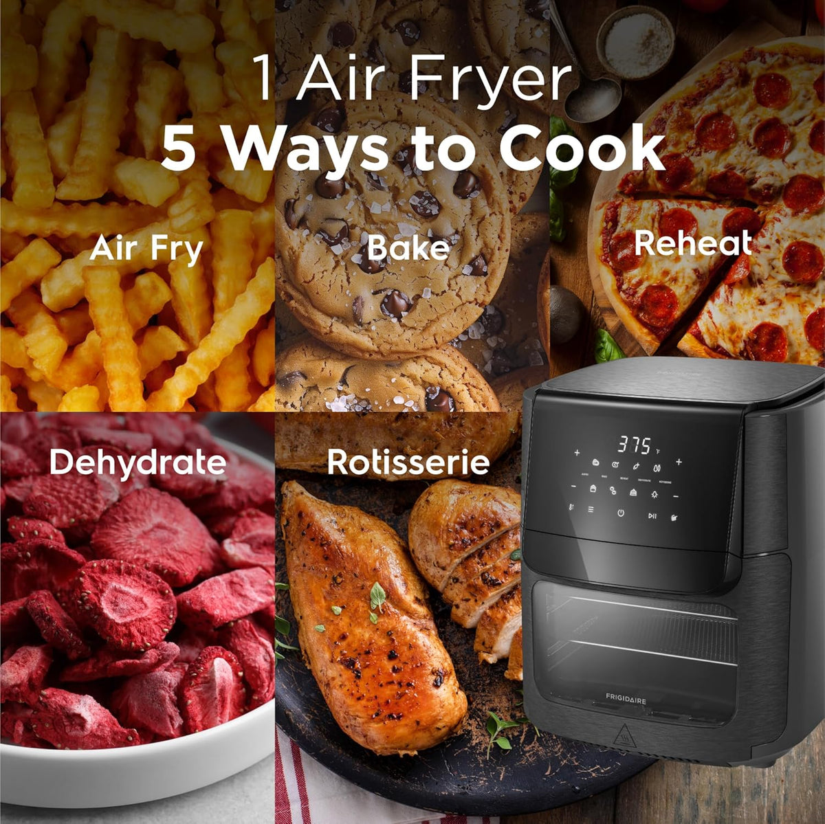 Frigidaire 5-in-1 Air Fryer Combo Oven with Viewing Window, Large 12.6 QT Capacity, Digital Display, 5 Cooking Modes, 7 Recipe Presets, Automatic Shake Reminder, PFAS-Free Cooking Surfaces, Black