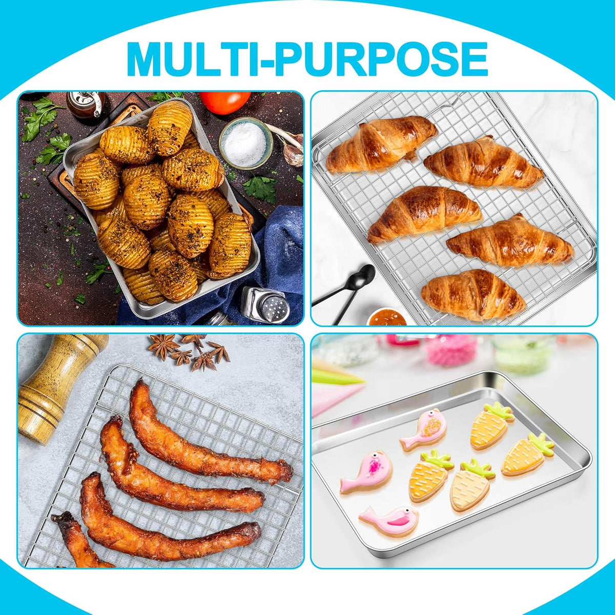 E-far Stainless Steel Baking Sheet with Wire Rack Set, 12.5” x 9.7” Cookie Sheet Broiling Pan for Oven, Rimmed Metal Tray with Cooling Rack for Cooking Roasting, Non-Toxic & Dishwasher Safe
