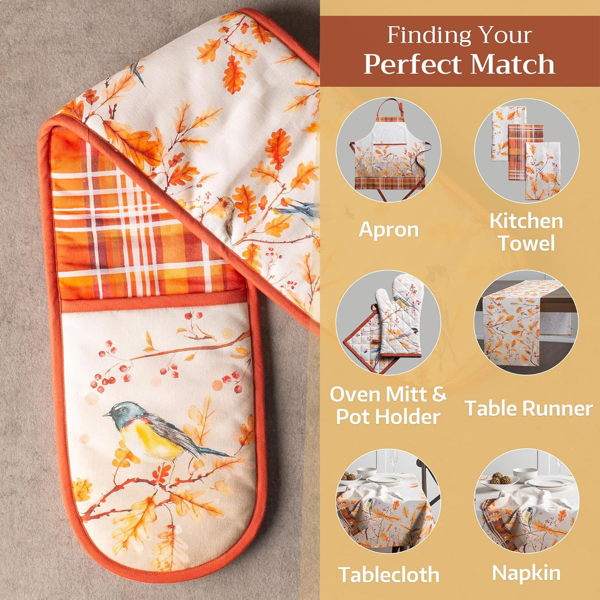 Maison d' Hermine Double Oven Mitt 100% Cotton Heat Resistant Cooking Gloves with Loop, Baking Barbeque, Handling Hot Pan, Oak Leaves - Thanksgiving/Christmas (7 Inch x 35 Inch)
